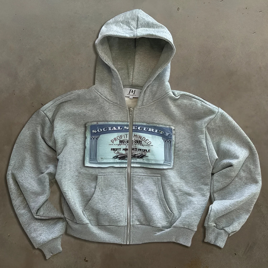 Unisex loose fit hoodie jacket with zipper pockets in black, grey, and pink colour options showing letter pattern detailing