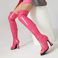 Over-the-knee hollow-out strap high heel women's boots in black matte with bandage fit