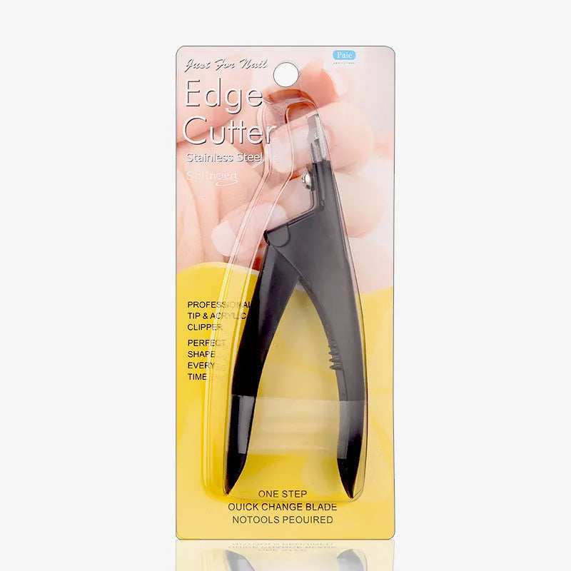 Stainless steel nail art scissors with curved French U-shaped blades shown in electrophoresis black finish.
