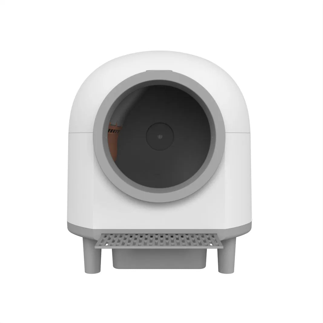 White fully enclosed automatic self-cleaning cat litter box for large cats.