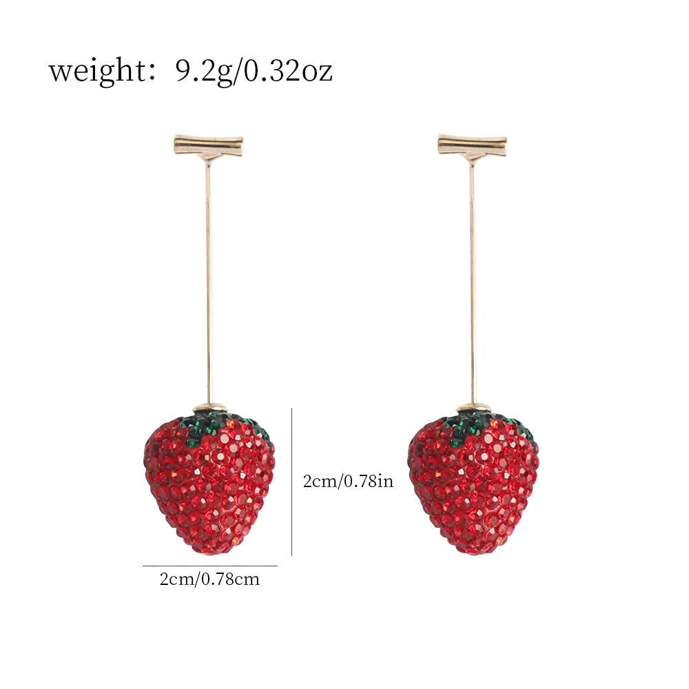 Women's geometric strawberry drop earrings with sparkling crystals in red zinc alloy.