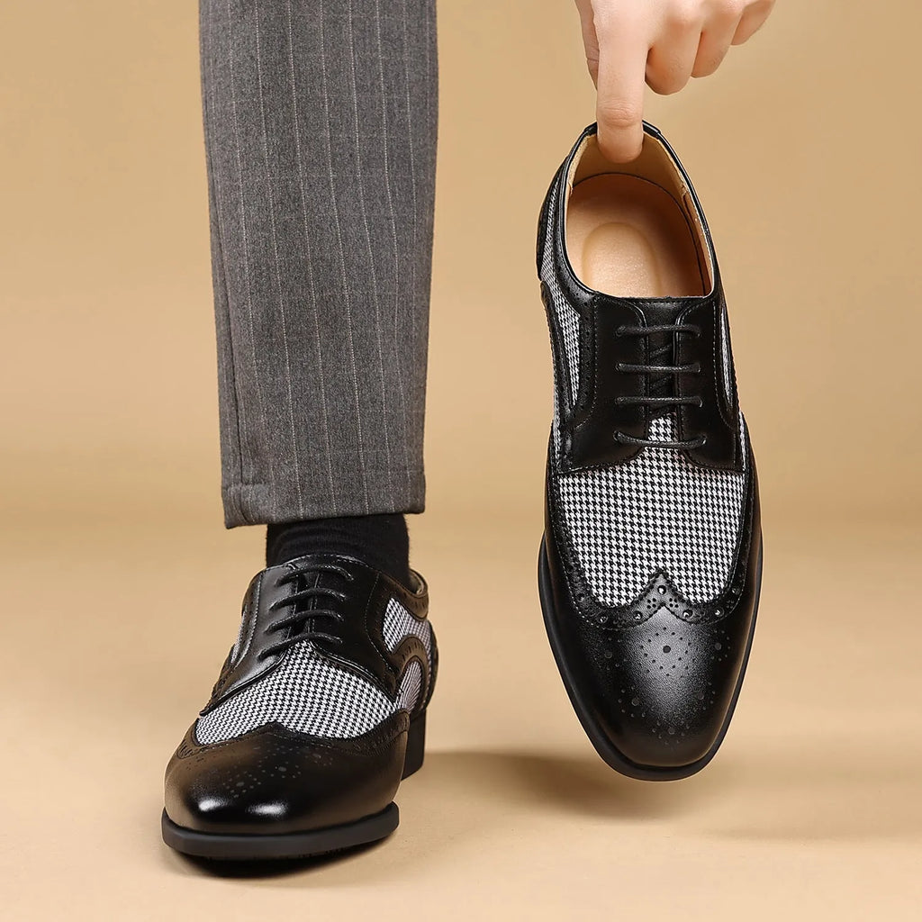 Men's black houndstooth plaid canvas casual lace-up shoes with a square toe and rubber sole.