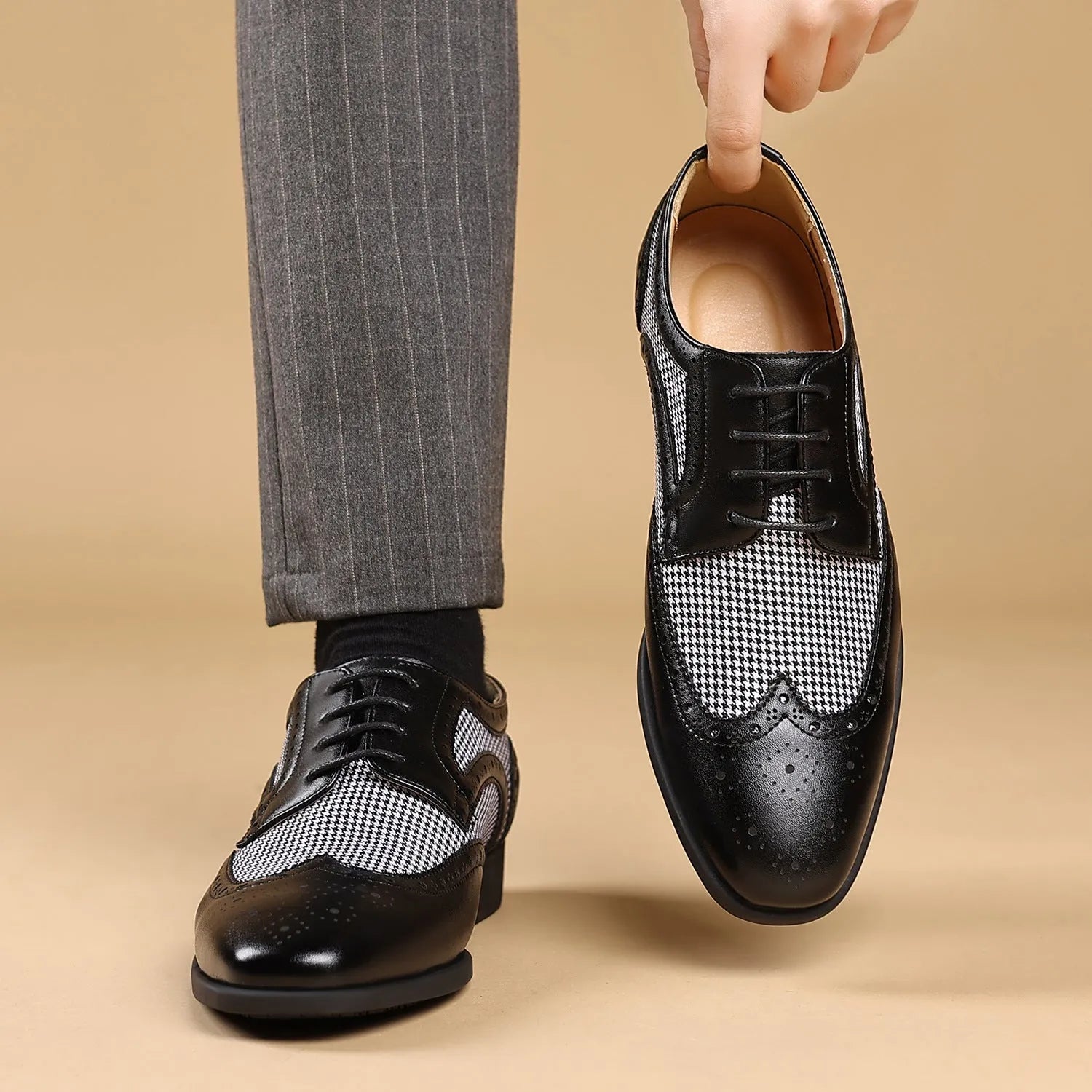 Men's black houndstooth plaid canvas casual lace-up shoes with a square toe and rubber sole.