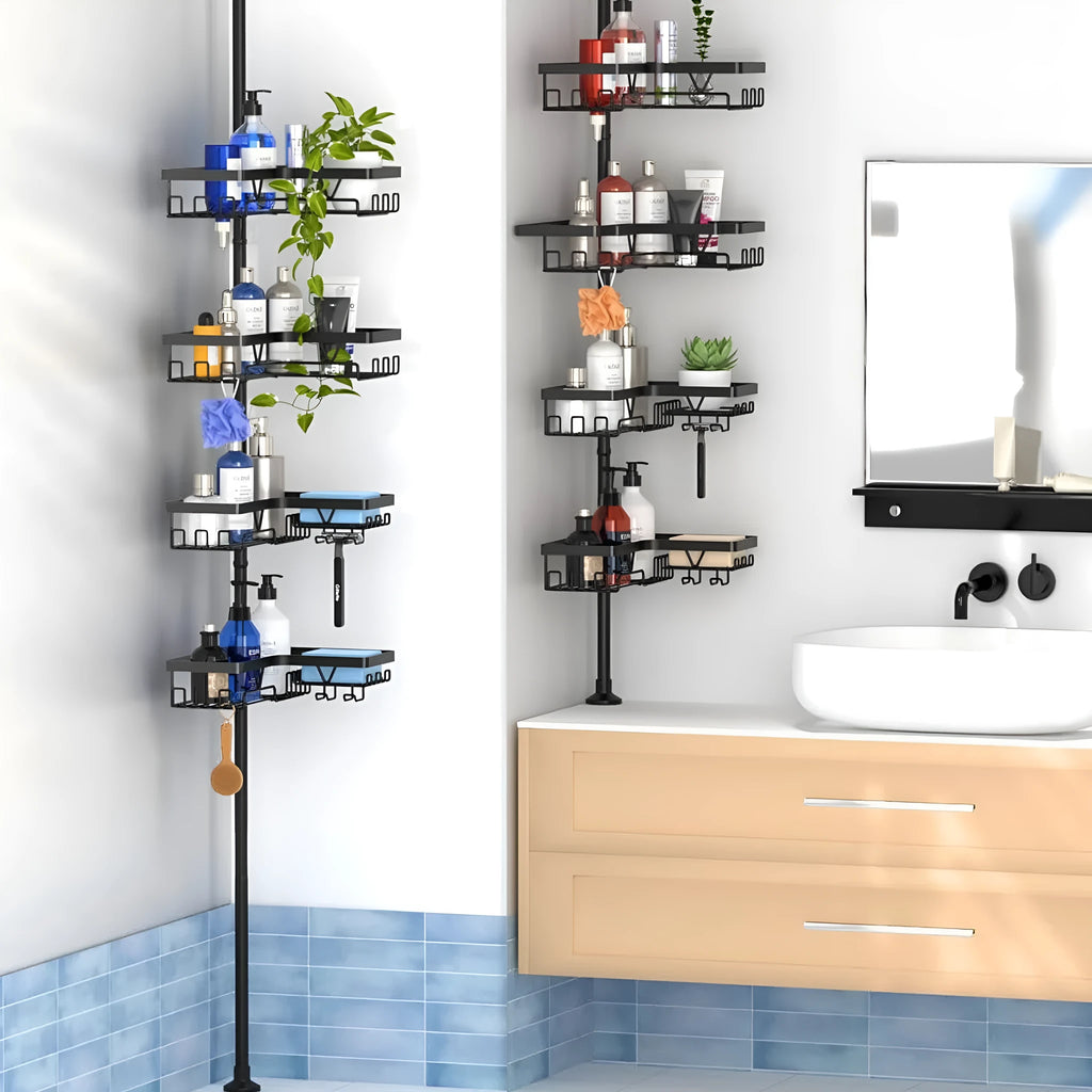 Retractable bathroom storage rack with four layers in stainless steel and iron construction