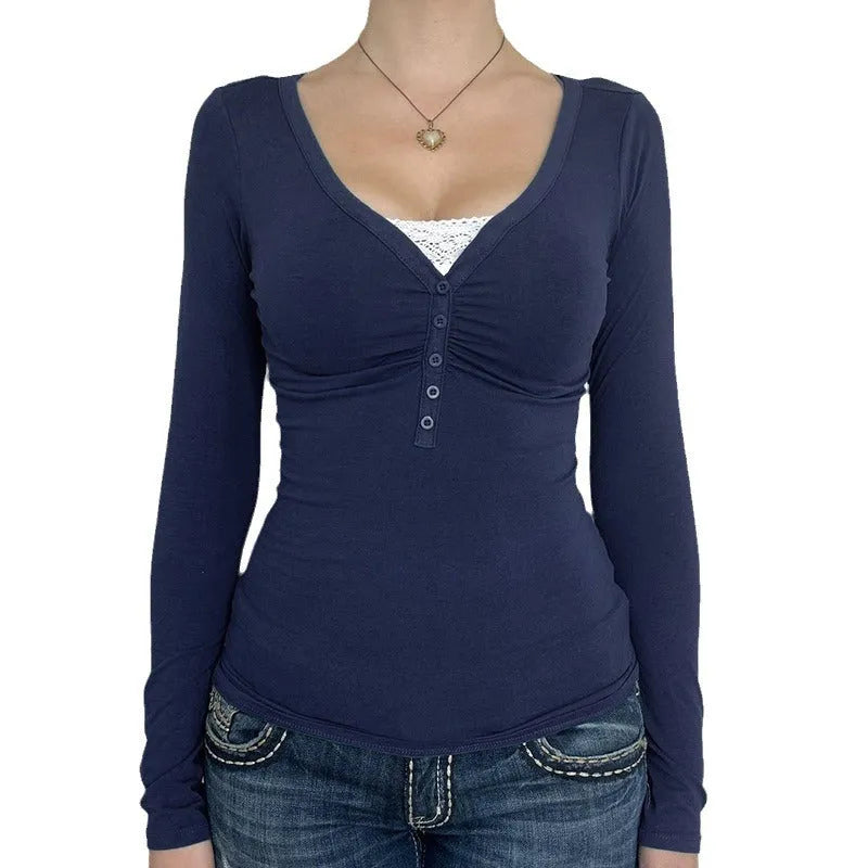 Fake two-piece semi-open buckle sweater in dark blue knitted cotton with lace, slim fit, street hipster style