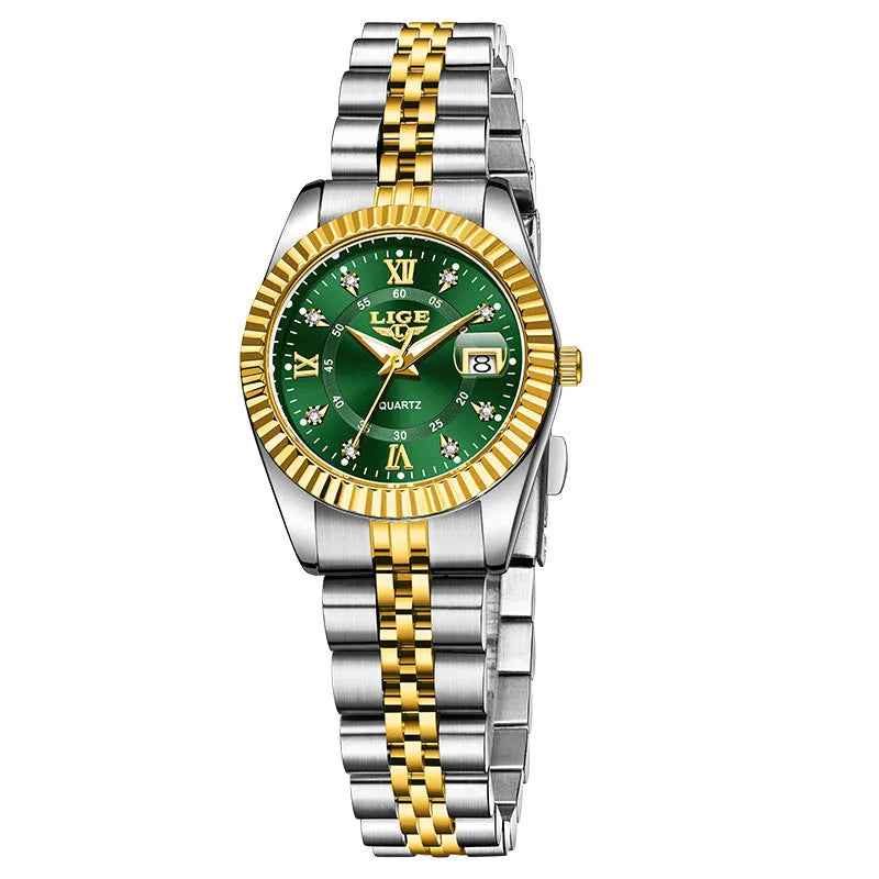 Women's waterproof quartz watch in gold and silver colours with 10mm thickness.