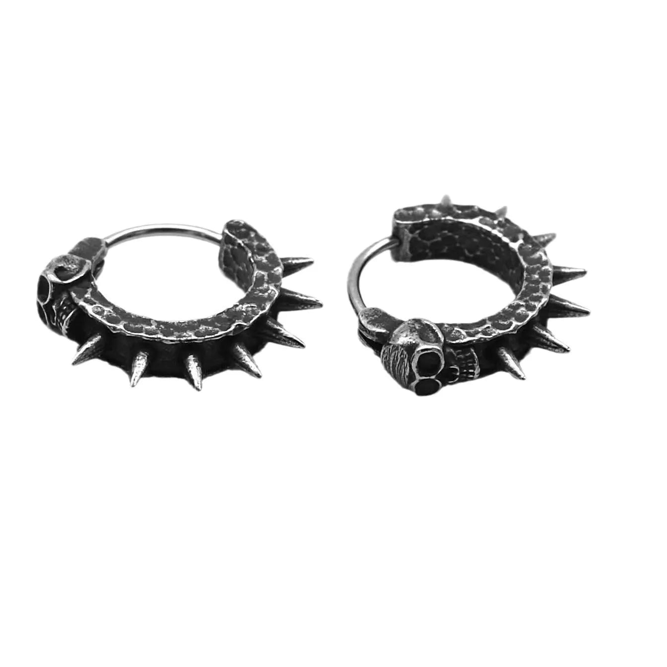 Black geometric alloy earrings with a punk motorcycle theme on a white background