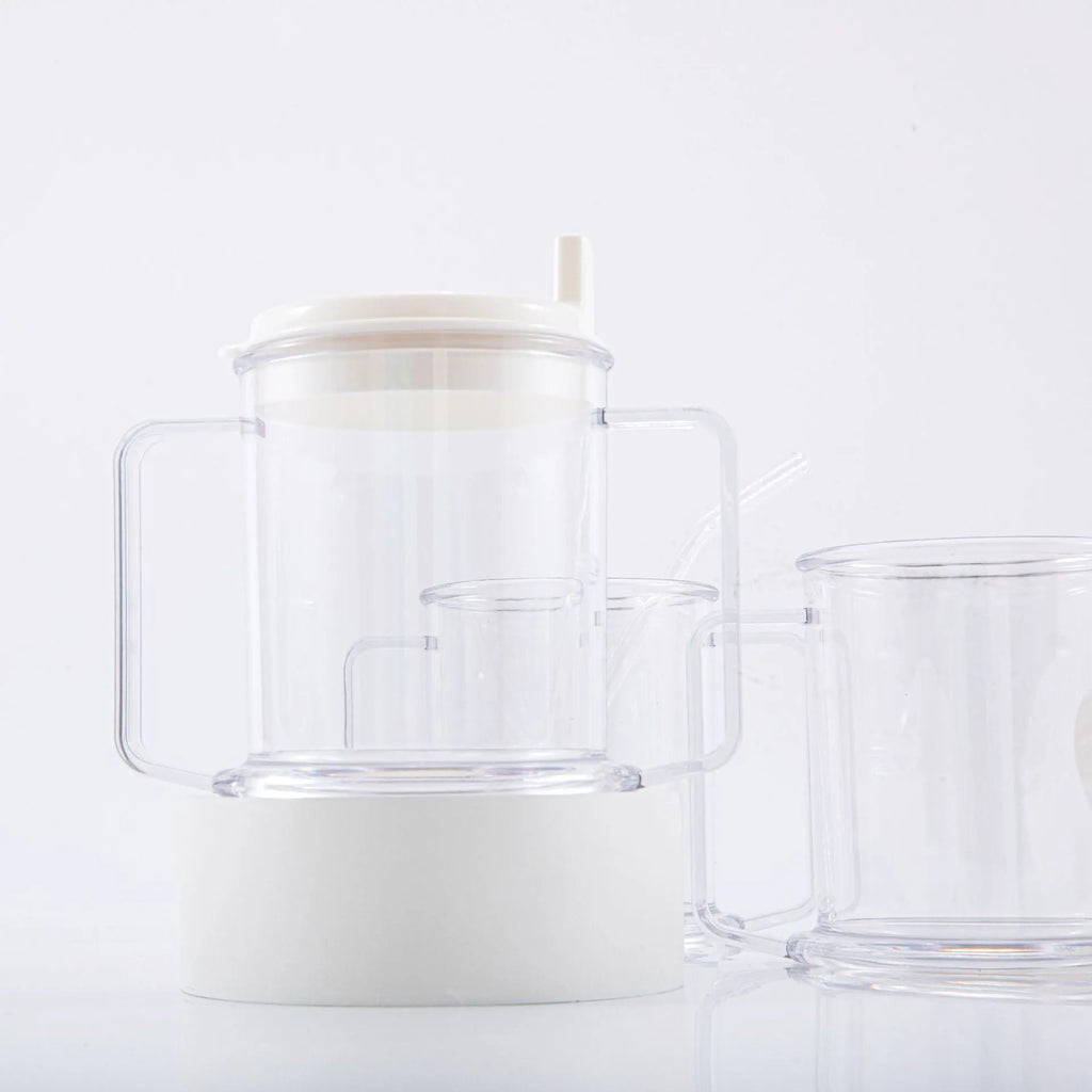 Transparent spill-proof drinking cup with lid showing 14cm height