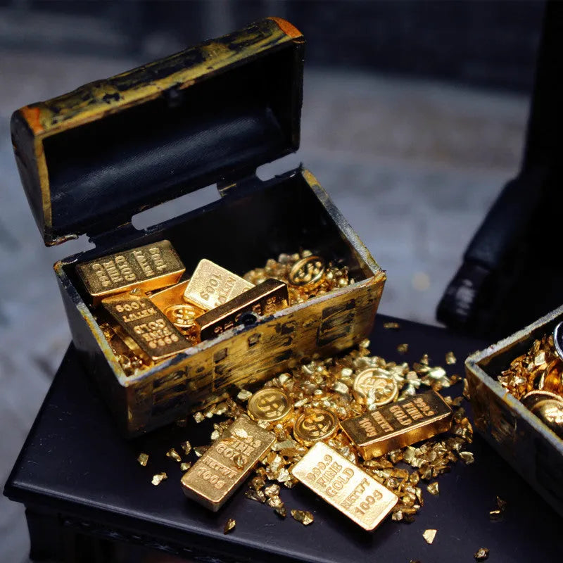 Miniature metal alloy gold coin and bar treasure box doll house accessory.