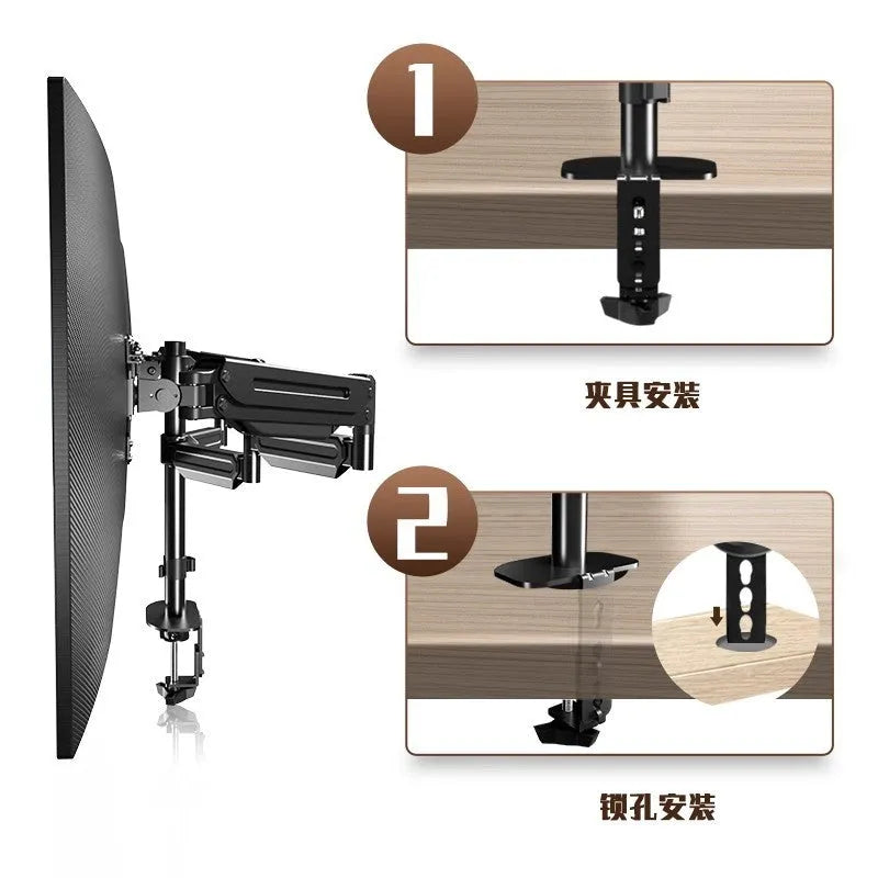 Three-screen monitor stand with adjustable rotary bracket and double air pressure arm in cold rolled steel