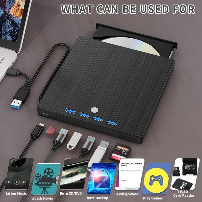 Black external USB DVD burner with tray loading and 8MB cache, plastic body, 0.36kg