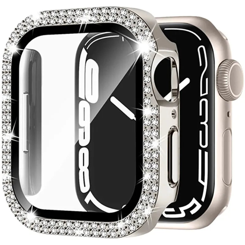 Apple Watch protective case with double diamond glass screen cover in rose gold colour.