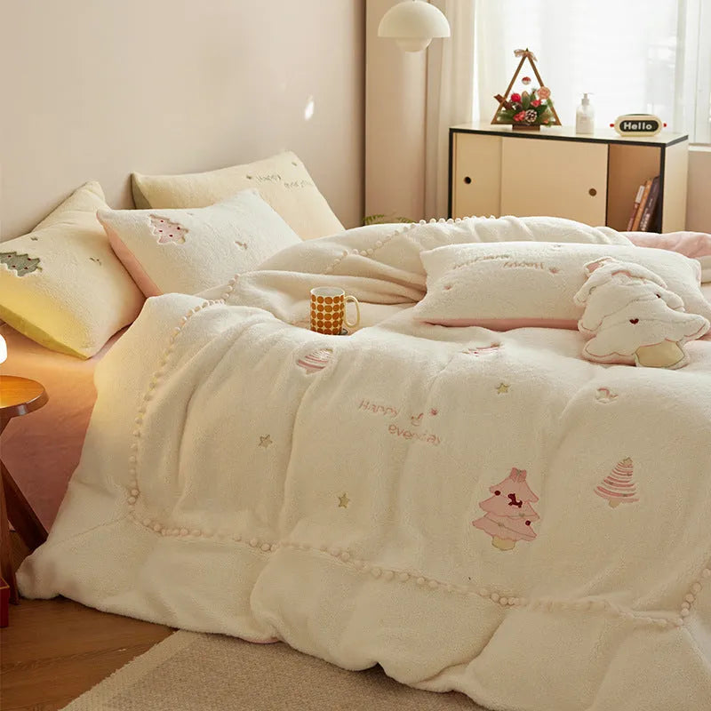 Green and pink Christmas tree print on a milk fibre duvet cover and pillowcase bedding set.