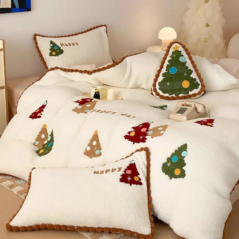 Bright yellow fleece-lined bedding set with a cartoon winter Christmas tree design.