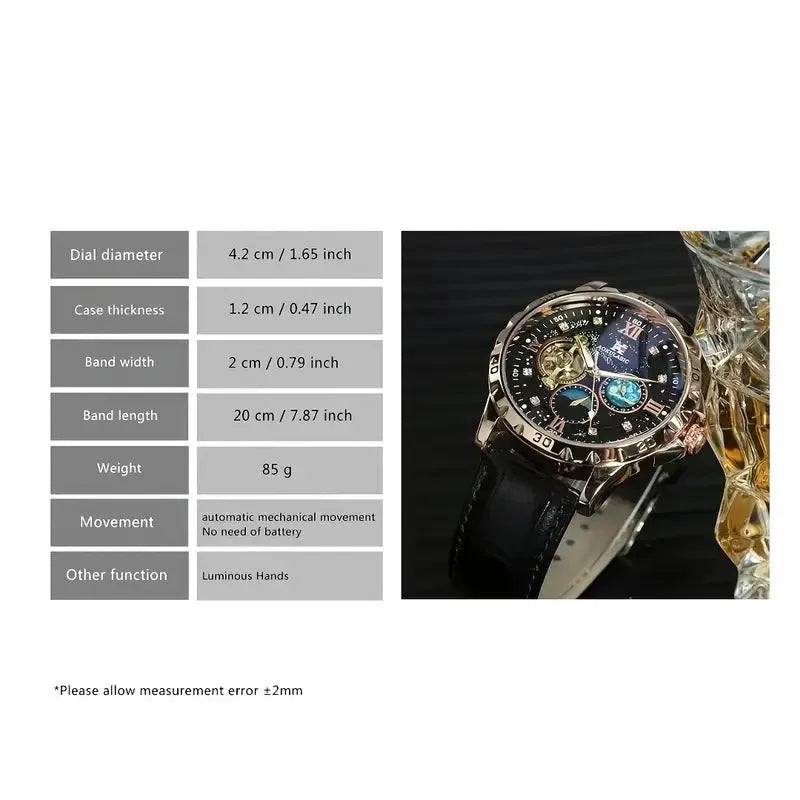 Large dial automatic mechanical watch with rose gold shell and black leather strap