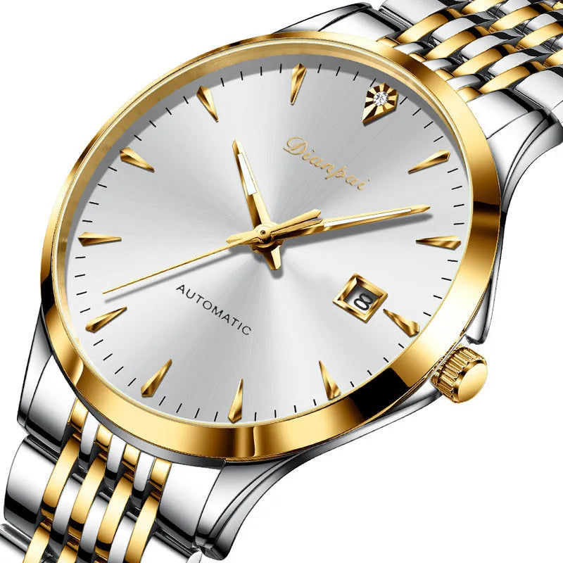 Men's simple dial automatic mechanical watch with stainless steel bracelet on wrist.