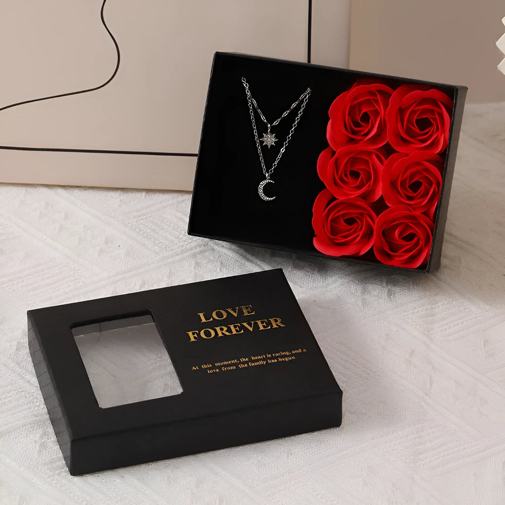Korean style soap flower gift set with six red roses in a jewellery box, includes a handbag.