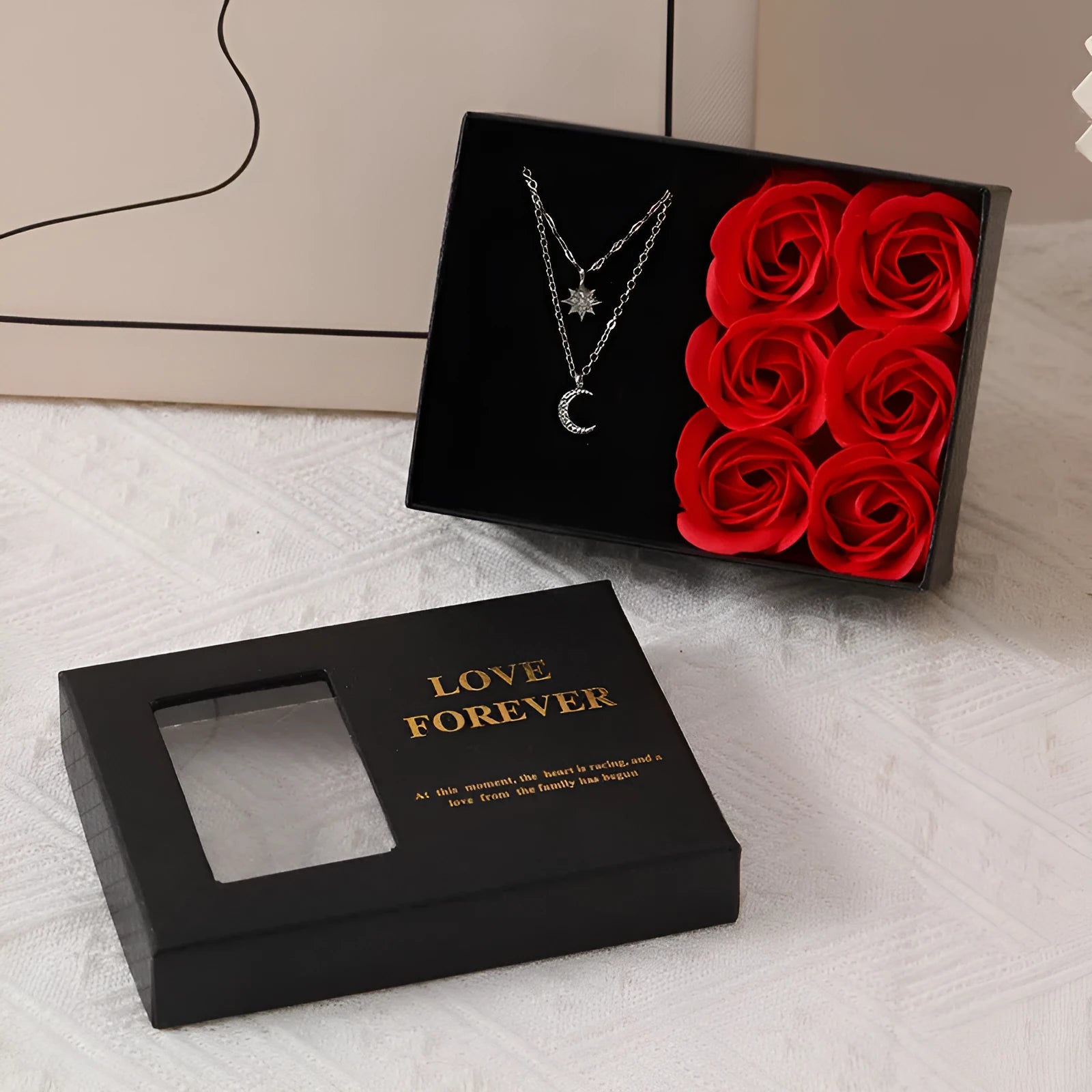 Korean style soap flower gift set with six red roses in a jewellery box, includes a handbag.