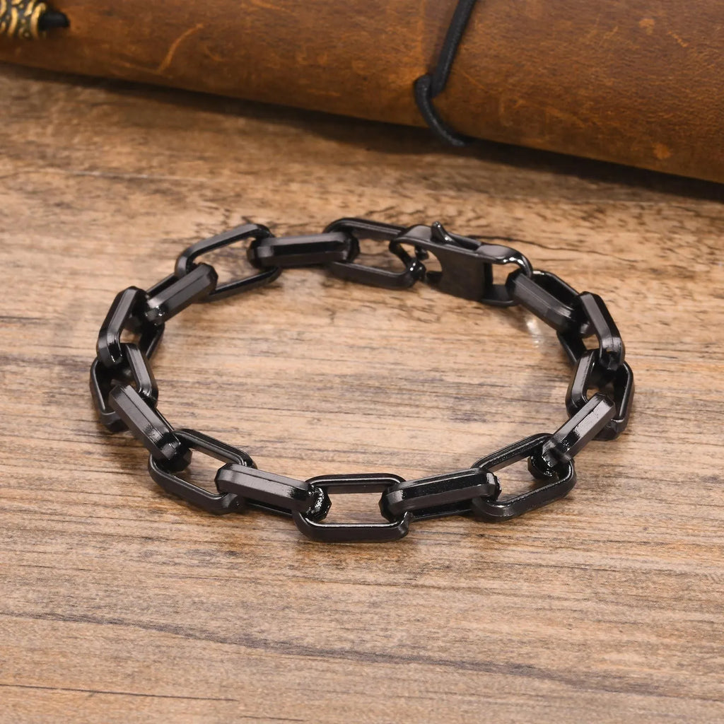 Men's stainless steel square chain bracelet in black, gold, retro, or steel colour.