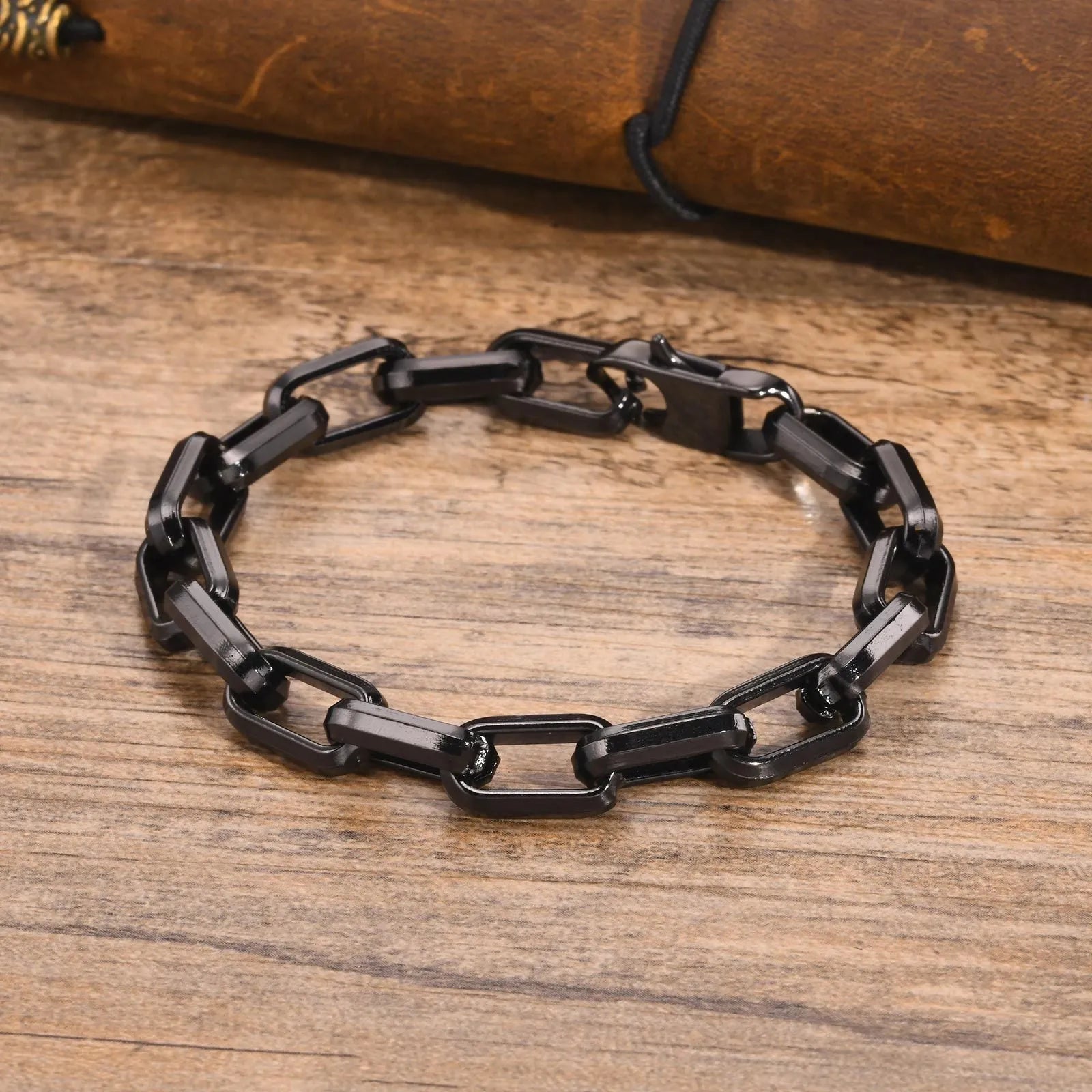 Men's stainless steel square chain bracelet in black, gold, retro, or steel colour.