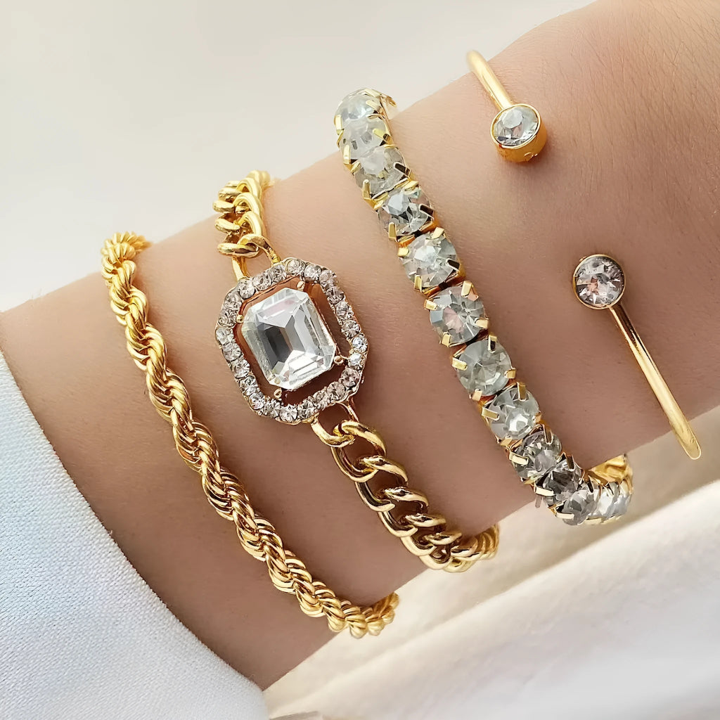 Women's four-piece alloy bracelet set with retro geometric square diamond design in gold and silver colour options
