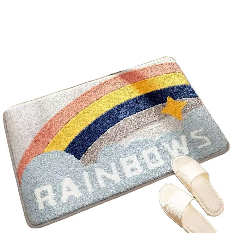 Rainbow patterned Sky Sea coloured square polyester floor mat with plastic bottom.