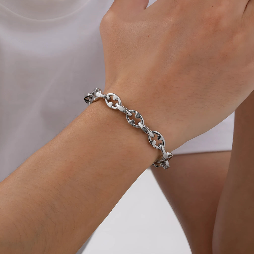 Men's thick stainless steel handmade geometric chain bracelet in steel colour.