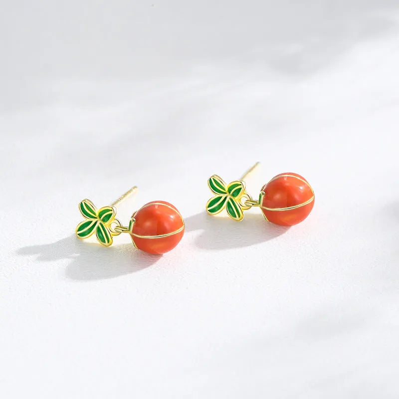 S925 sterling silver lucky persimmon dripping stud earrings in New Chinese style with ED3325 colour