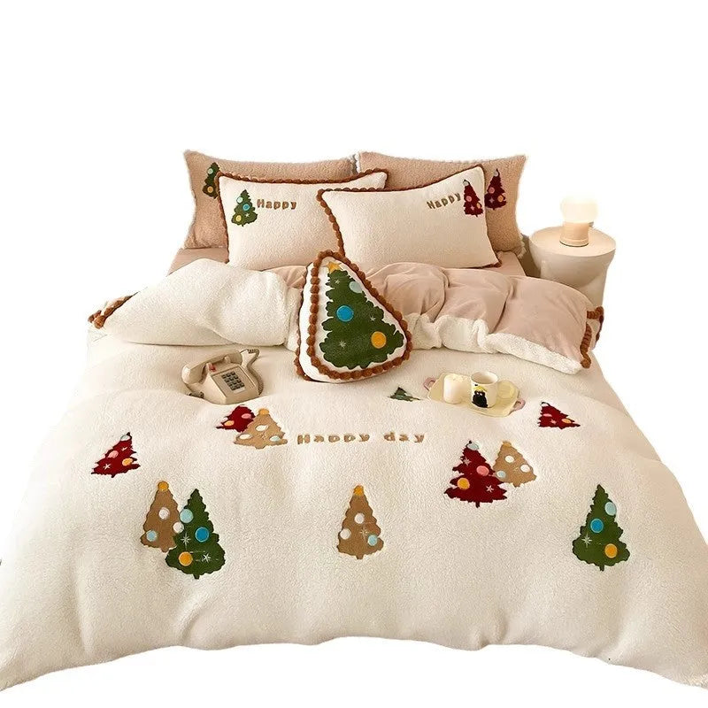 Bright yellow fleece-lined bedding set with a cartoon winter Christmas tree design.