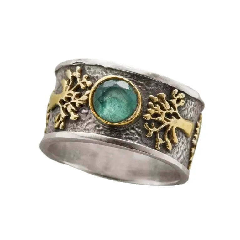 Light green vintage-style ring with geometric lucky tree and constellation design in alloy and artificial gemstone.