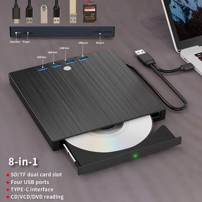 Black external USB DVD burner with tray loading and 8MB cache, plastic body, 0.36kg