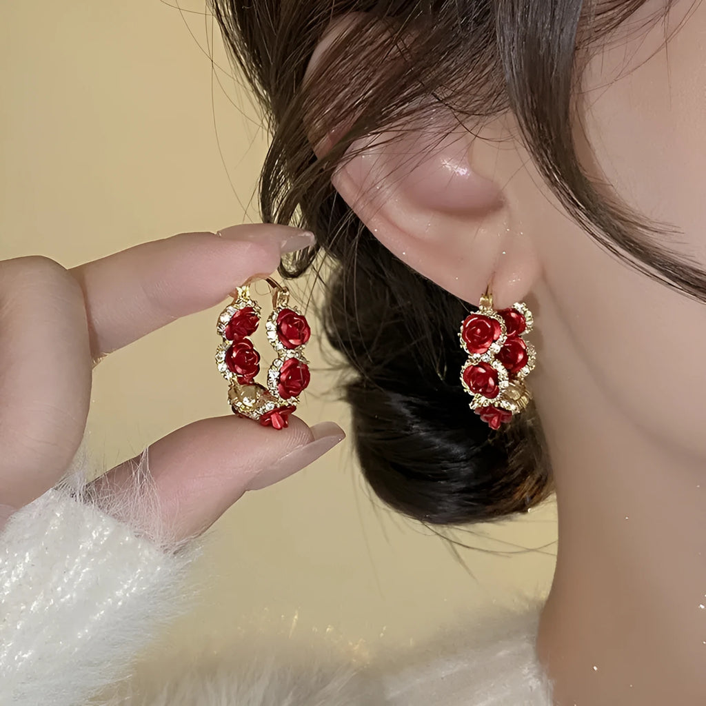 Red flower-shaped alloy clip earrings with rose motif for women