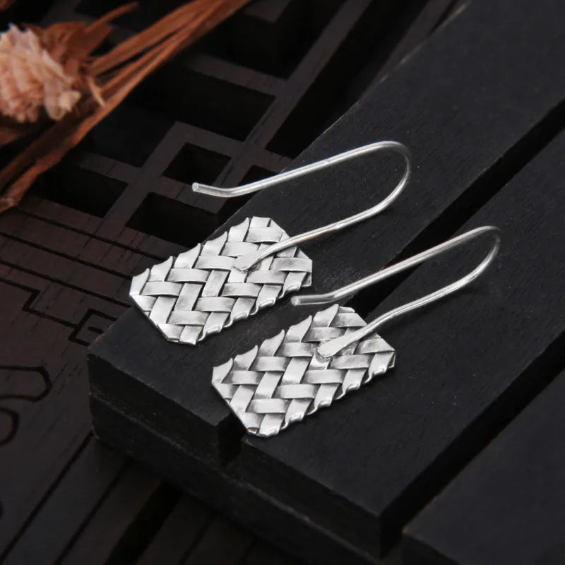 Woven diamond plaid geometric earrings made from 925 sterling silver, silver colour.