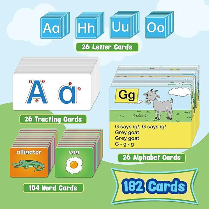 Silicone alphabet learning sleeve chart with word and letter cards laid out, measuring 60x40 cm.