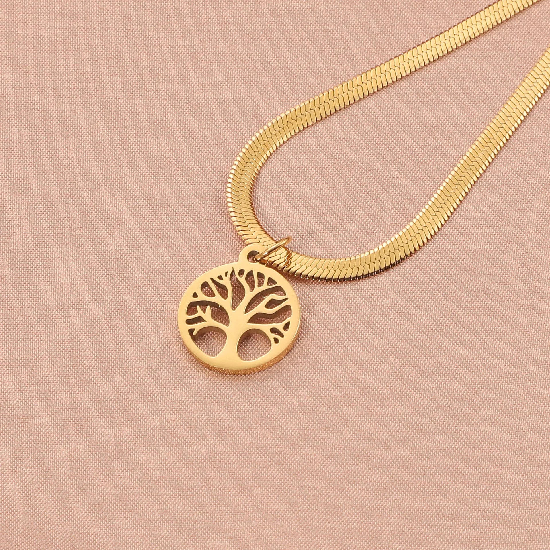Lucky Tree pendant necklace with U-shaped tree design on adjustable snake bones chain