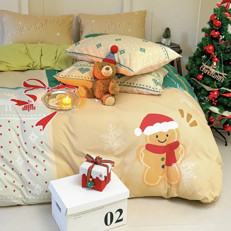 Christmas cartoon printed bedding four-piece set with sheet, quilt cover, and pillowcases for a double bed.