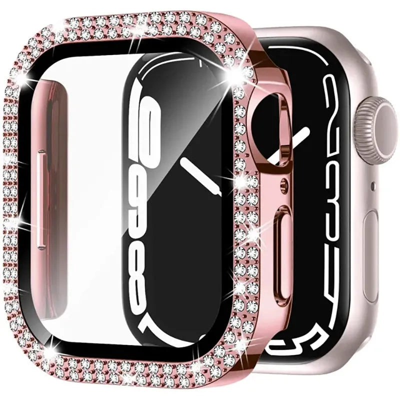 Apple Watch protective case with double diamond glass screen cover in rose gold colour.