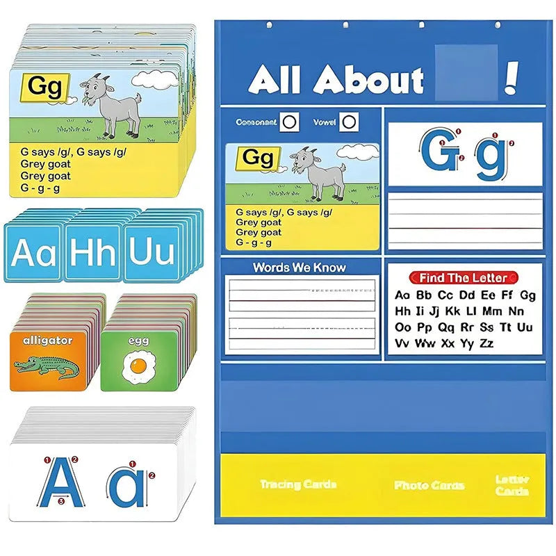 Silicone alphabet learning sleeve chart with word and letter cards laid out, measuring 60x40 cm.