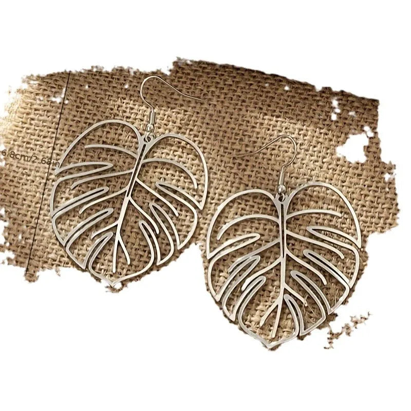 Gold leaf shape hollow pendant drop earrings for women casual alloy jewellery