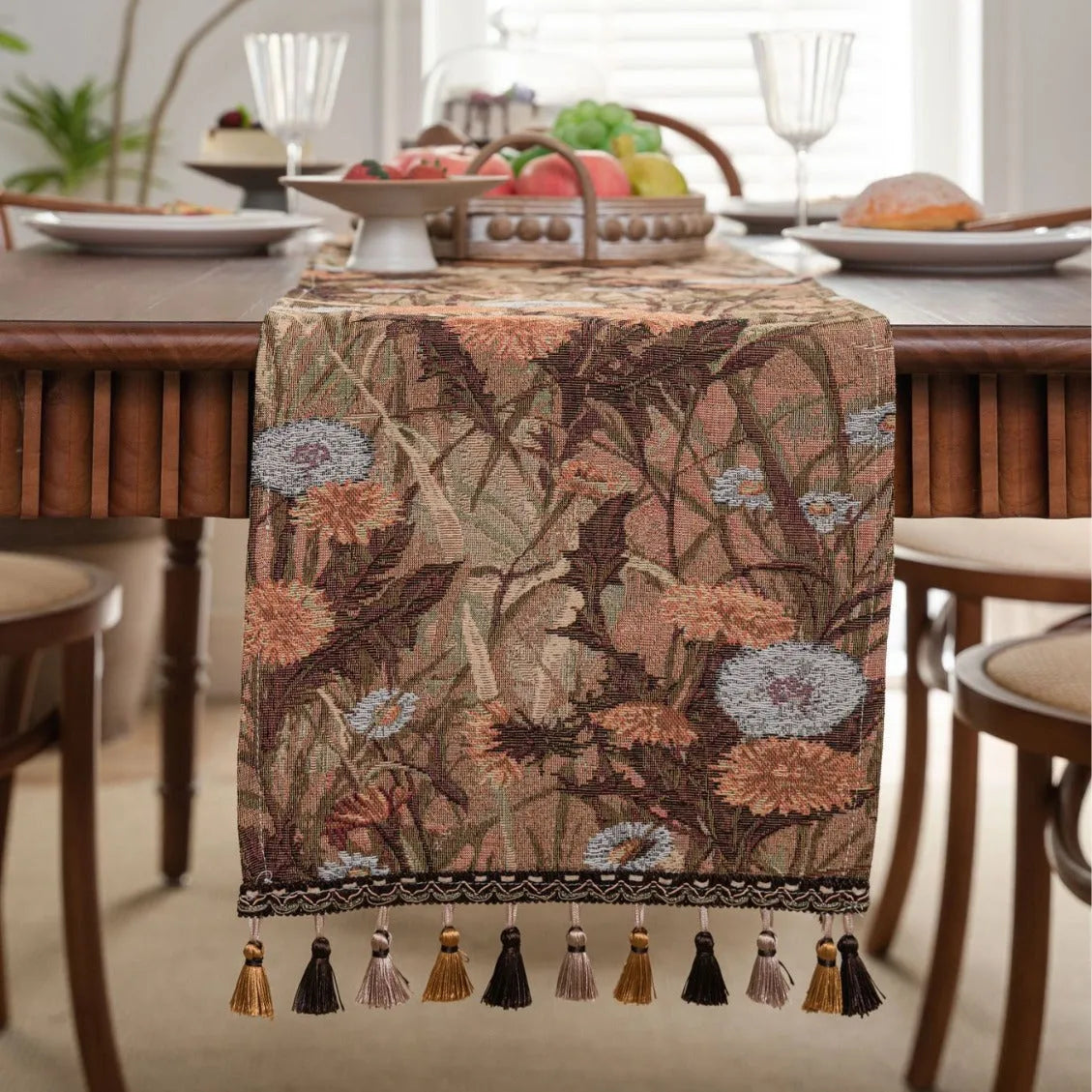 American-style long tassel table runner with Jacquard floral pattern on a table