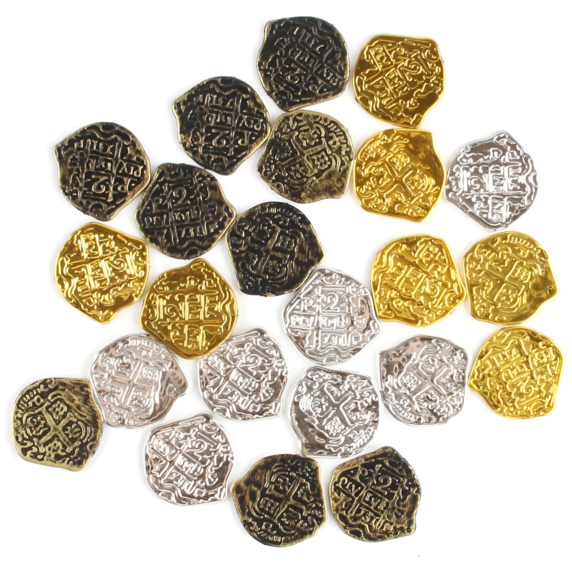 Set of 100 plastic replica Roman pirate coins with electroplated bronze, gold, or silver finish.