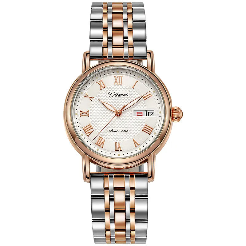 Automatic women's watch with 12mm case on a stainless steel bracelet alongside leather strap options