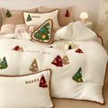 Bright yellow fleece-lined bedding set with a cartoon winter Christmas tree design.