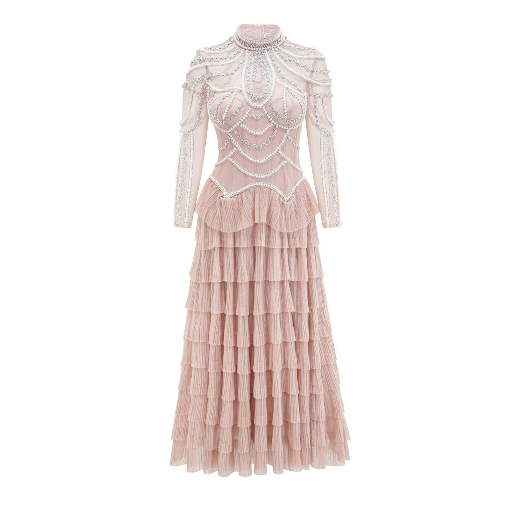 Women's black long sleeve beaded dress with a long skirt and mid waist, also available in pink.