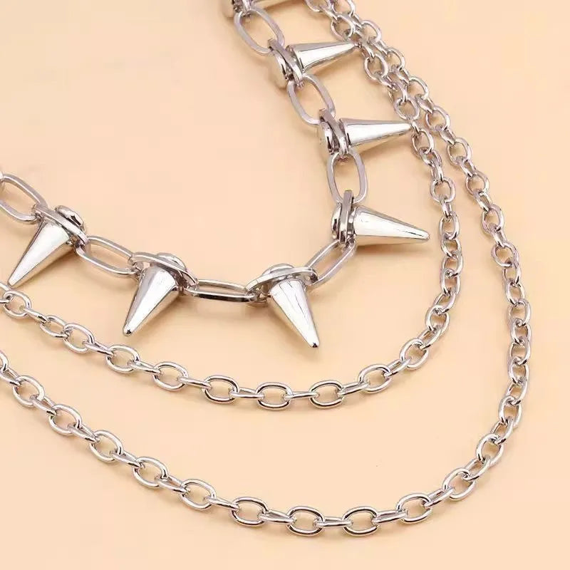 Silver double-layer metal trousers chain with rivet details showing 115cm length