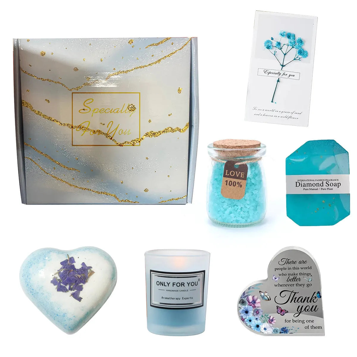 Soy wax aromatherapy candle bath set gift box showing a selection of the 15 available style and colour variations.