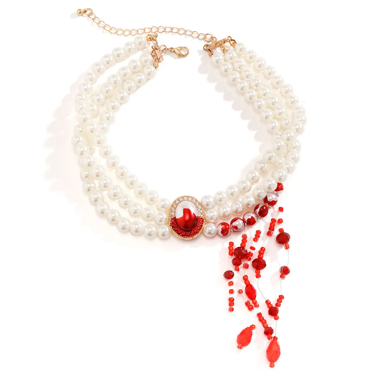 Halloween jewellery set with pearl collar necklace, matching bracelet and gold stud earrings