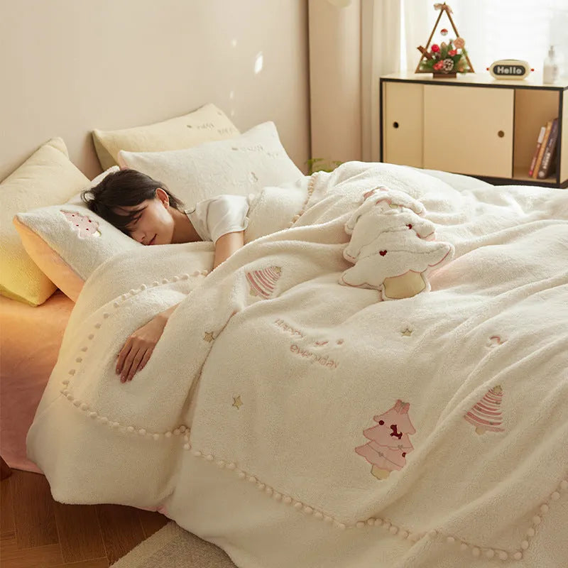 Green and pink Christmas tree print on a milk fibre duvet cover and pillowcase bedding set.
