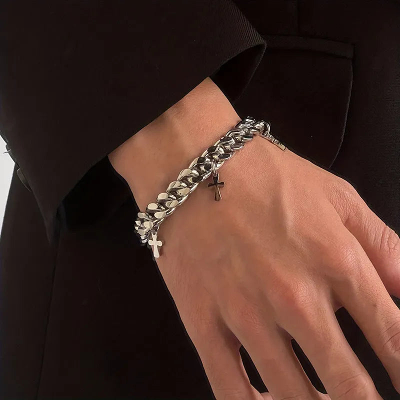 Men's titanium steel bracelet with a geometric cross charm on an adjustable strap.