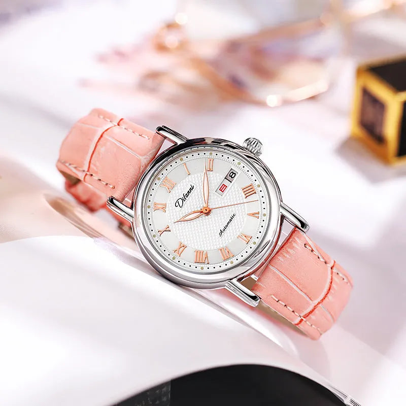 Automatic women's watch with 12mm case on a stainless steel bracelet alongside leather strap options